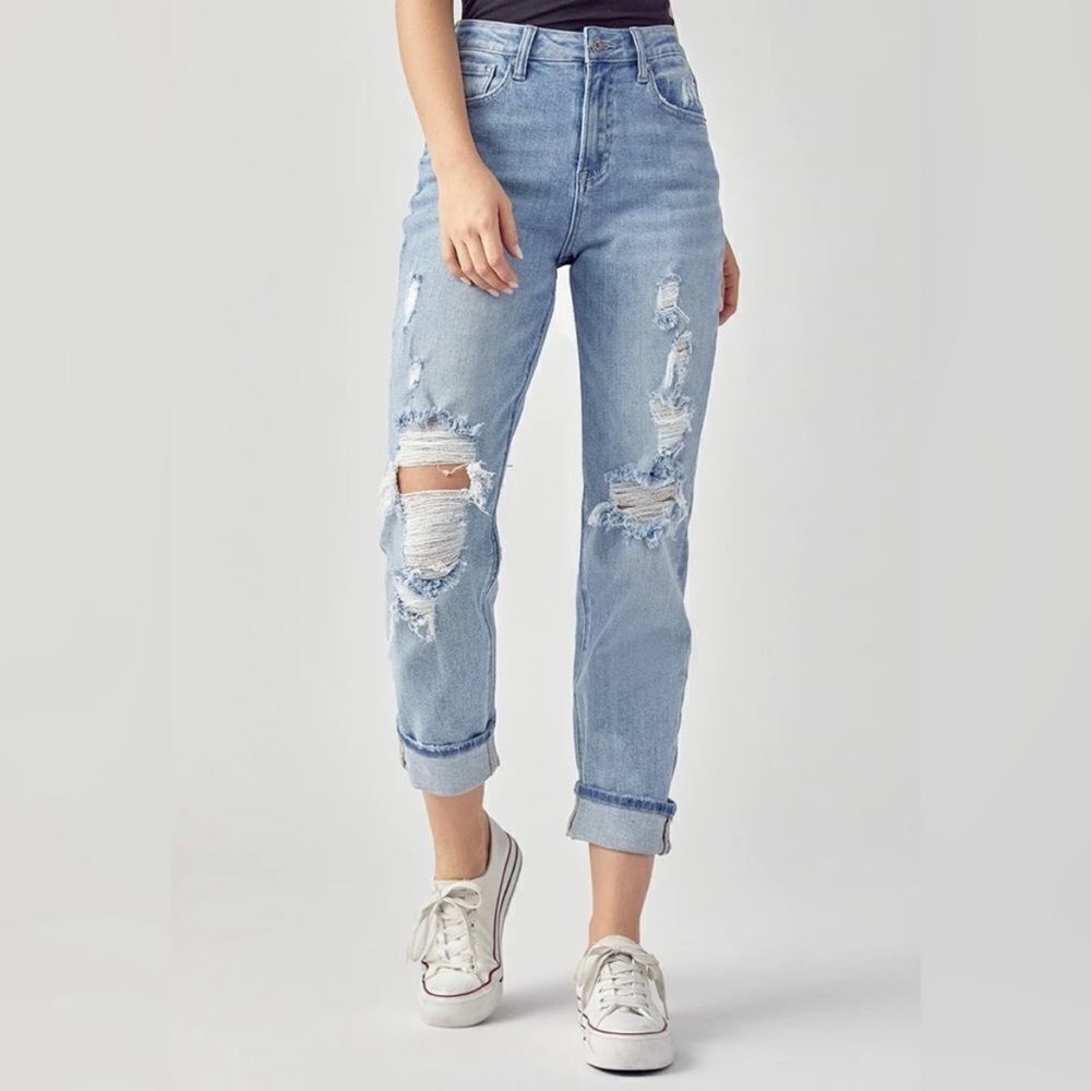 NWT RISEN High‎ Rise Distressed Boyfriend Medium Wash Jeans Size 2XL